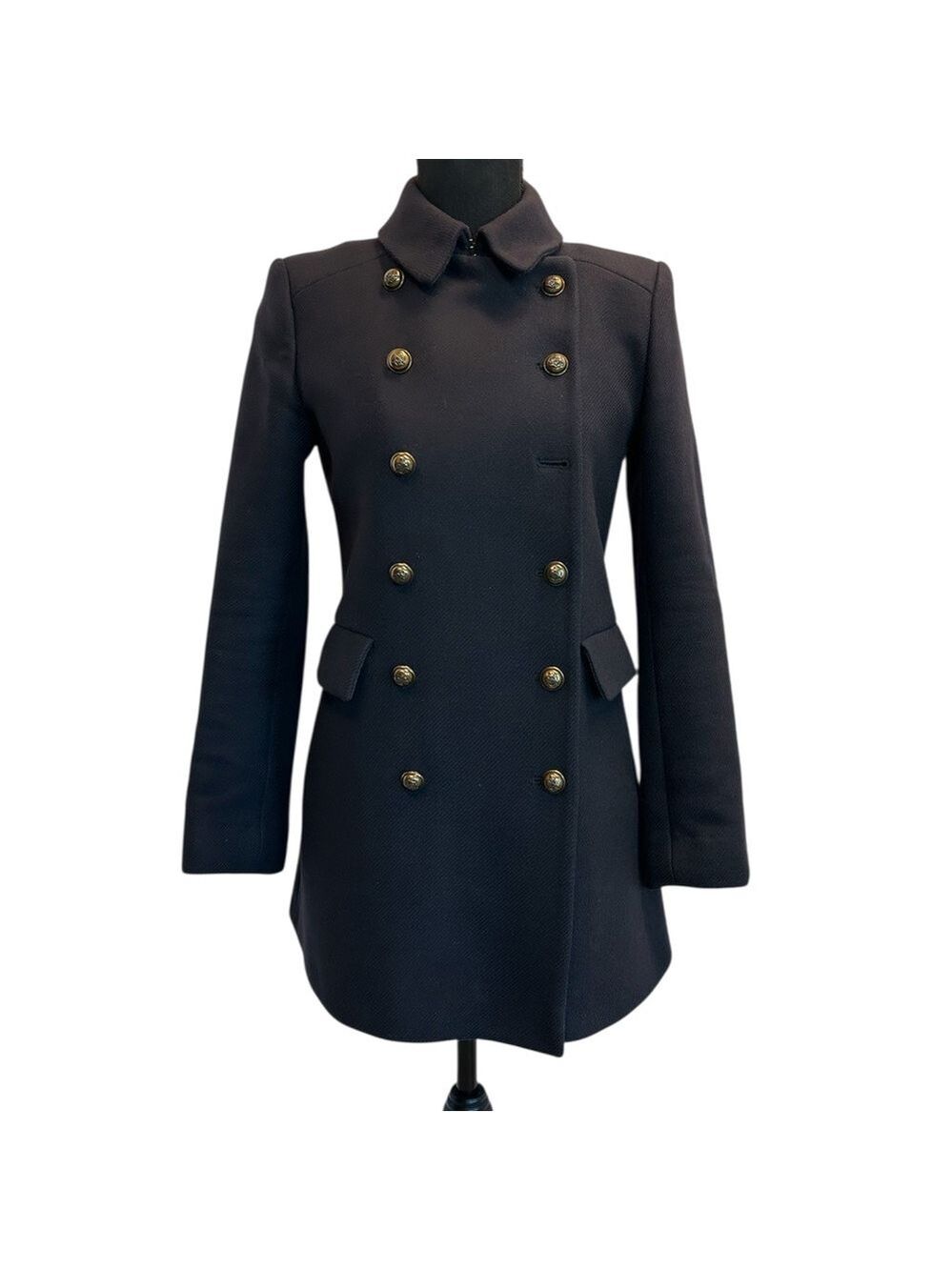 Zara dark navy blue double breasted military jacket coat Sz XS